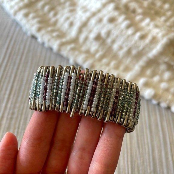 Boho Beaded Safety Pin Handcrafted Bracelet Stretch Unique Wide Jewelry Artsy - Picture 2 of 6